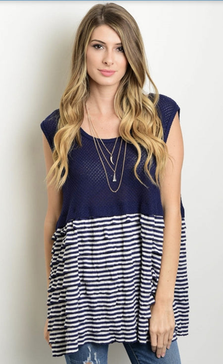 Navy and White Tunic Top
