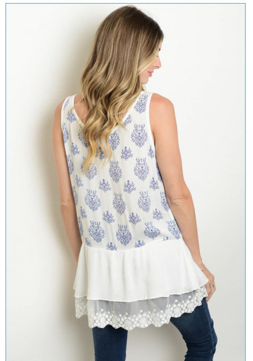 White and Blue Floral Lace Tank