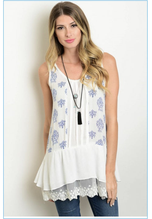 White and Blue Floral Lace Tank